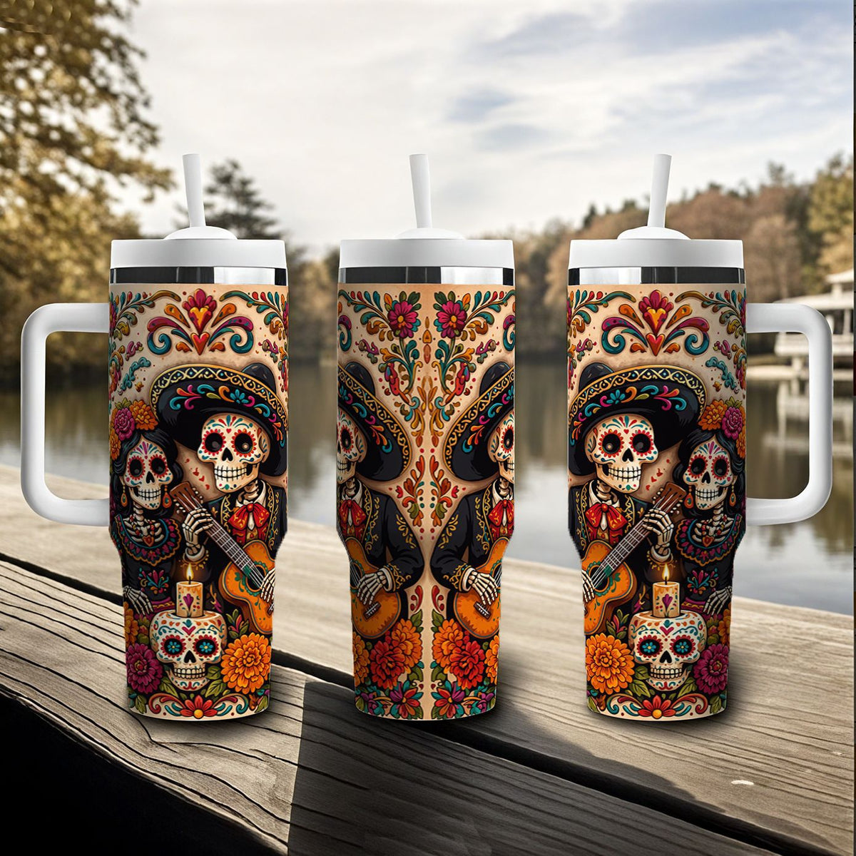 40oz insulated tumbler printed with a Day of the Dead mariachi skeleton design