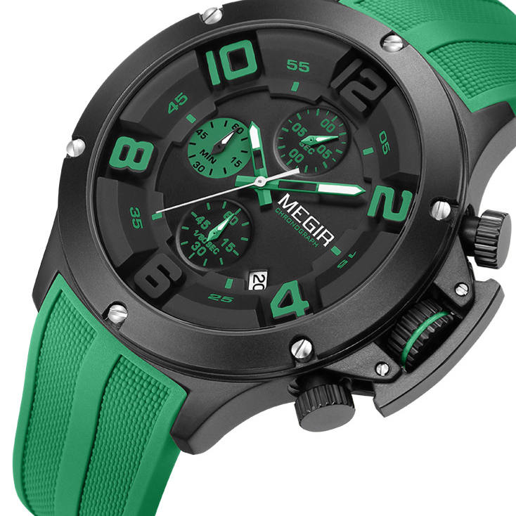 MEGIR quartz sports watch black case green silicone strap three sub dials