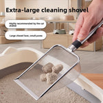 Hand holding a stainless steel mesh litter scoop with several clumps over a litter box, extra large scoop caption