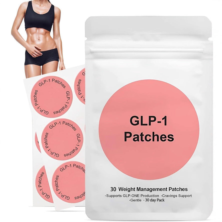 Pink GLP-1 patch pouch beside a sheet of round adhesive skin patches, a one month pack of thirty