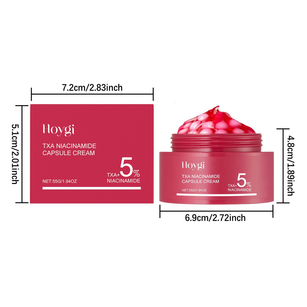 Hoygi TXA Niacinamide Capsule Cream red box and jar with size dimensions in cm and inches