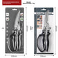 Black handled kitchen bone shears shown on a retail hanging card