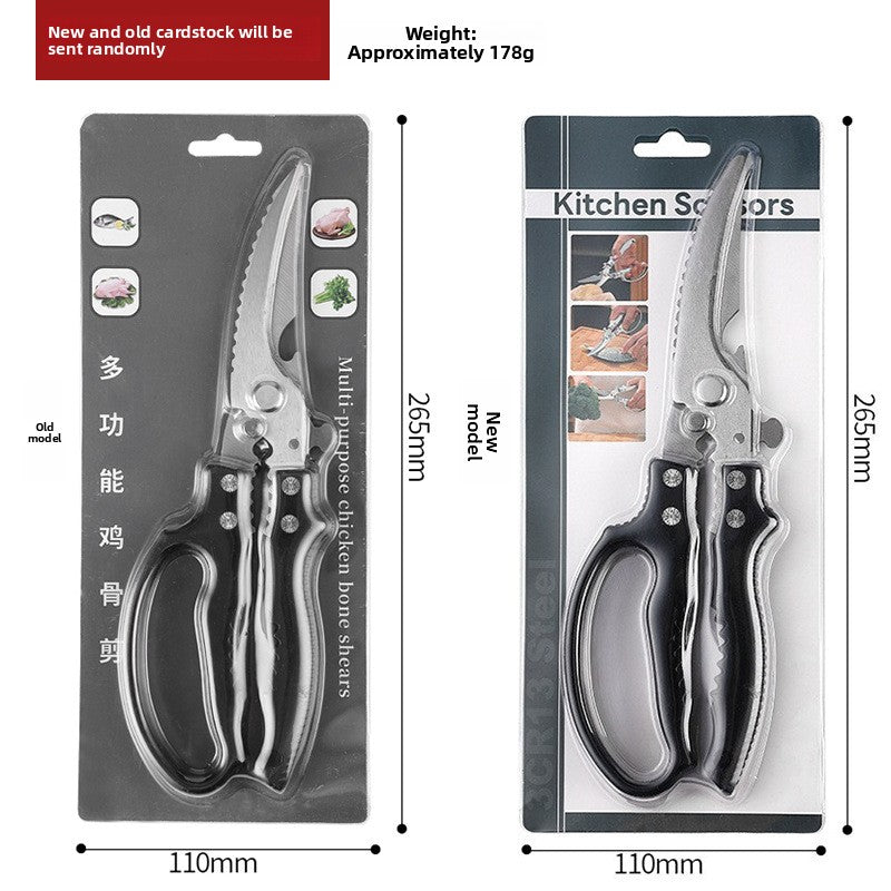 Black handled kitchen bone shears shown on a retail hanging card