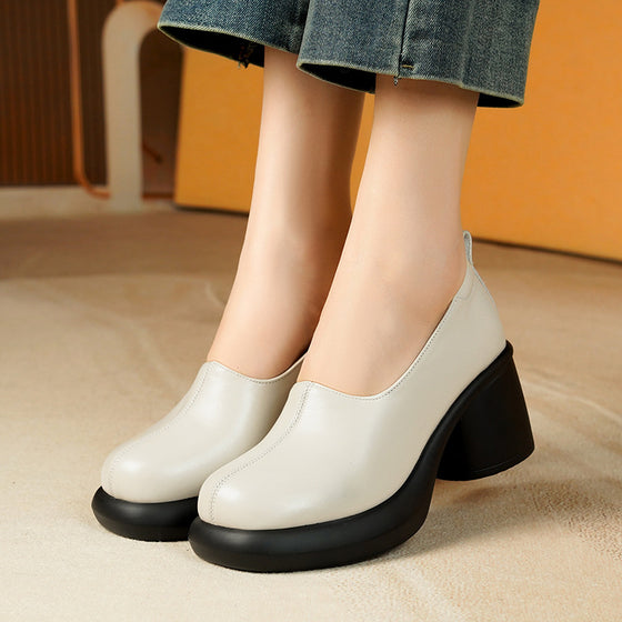 Womens Top Grain Leather Slip-On Platform Block Heel Pumps