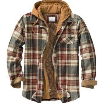 Mens plaid hooded jacket with quilted lining and full zip front