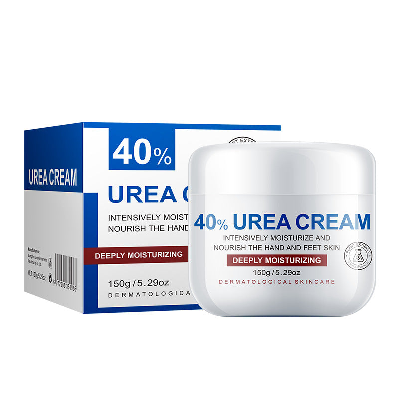 White 40% urea cream jar next to its 150 g box showing the deeply moisturizing label