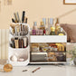 White cosmetic organizer filled with brushes, lipsticks, perfume and skincare bottles on a bedroom dressing table