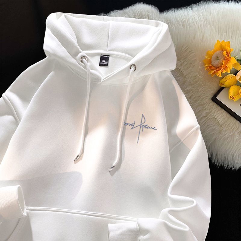 White mens letter print hooded sweatshirt with drawstring hood and front pocket, product photo