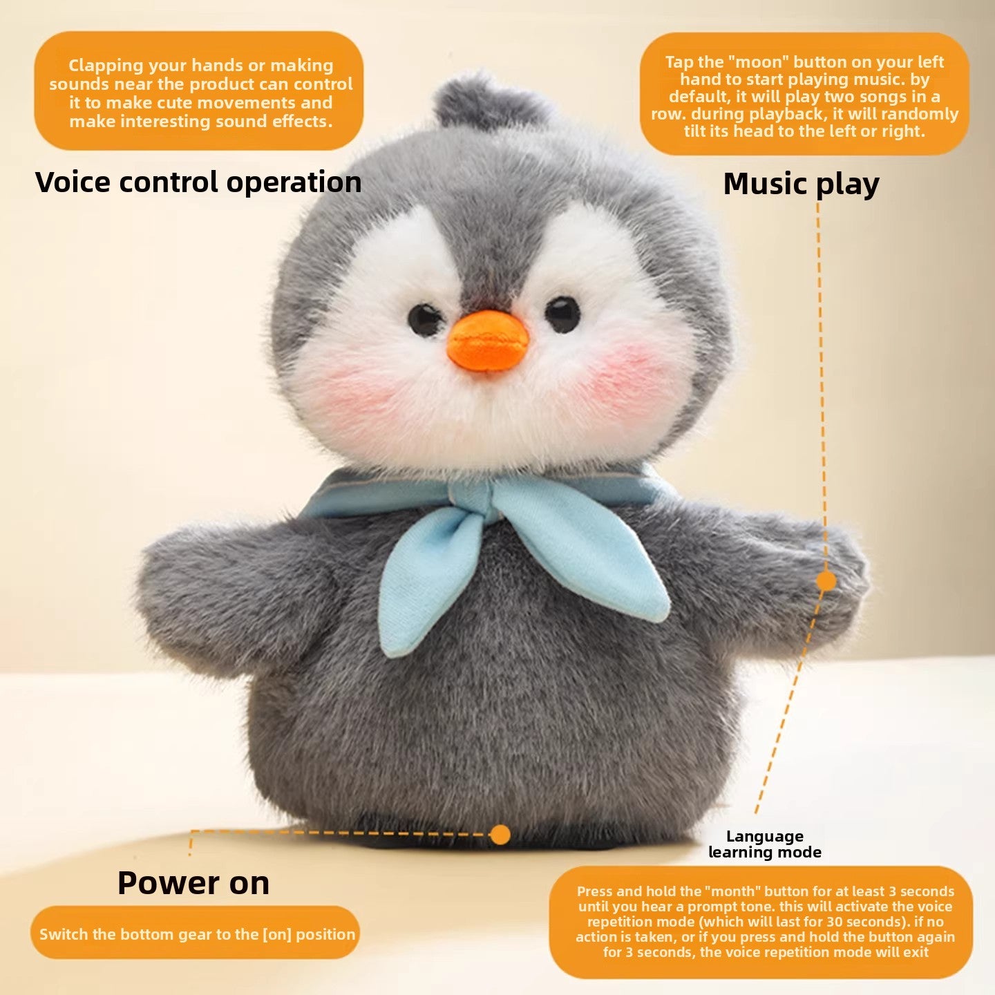Penguin toy with labels for music play, voice control, and sound repeat mode