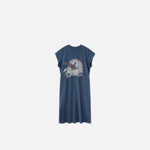 Navy blue cotton T-shirt dress flat lay with faded Santa Fe eagle front graphic