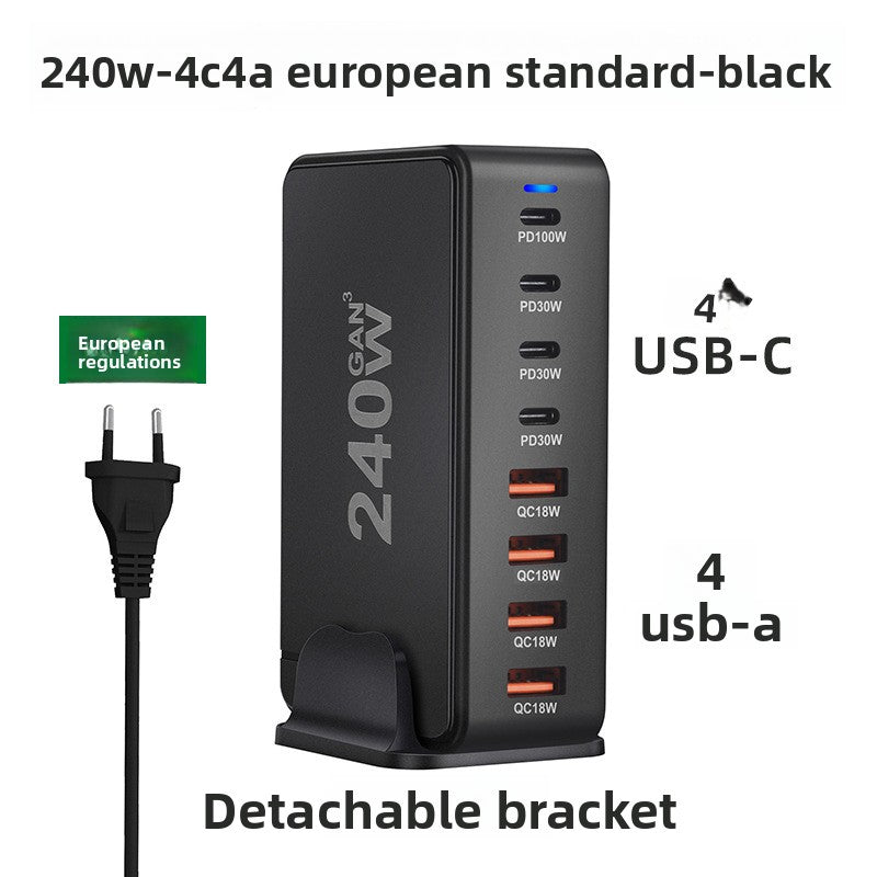 Multi port GaN charger with eight ports for charging a laptop, phone and accessories