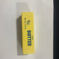 Cheese yellow fruit squishy toy held up showing its soft slow rebound and printed face