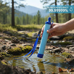 Hand dipping the blue filter straw into a shallow woodland stream, maker overlay panel at top