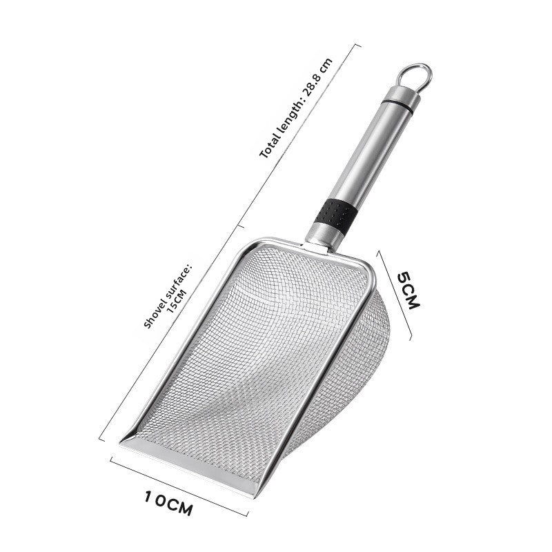 Stainless steel mesh litter scoop on white with measurements: total length 28.8 cm, face 15 cm, width 10 cm, depth 5 cm
