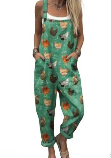 Green chicken print bib overalls with side pockets and rolled cuffs, option photo for size 3XL