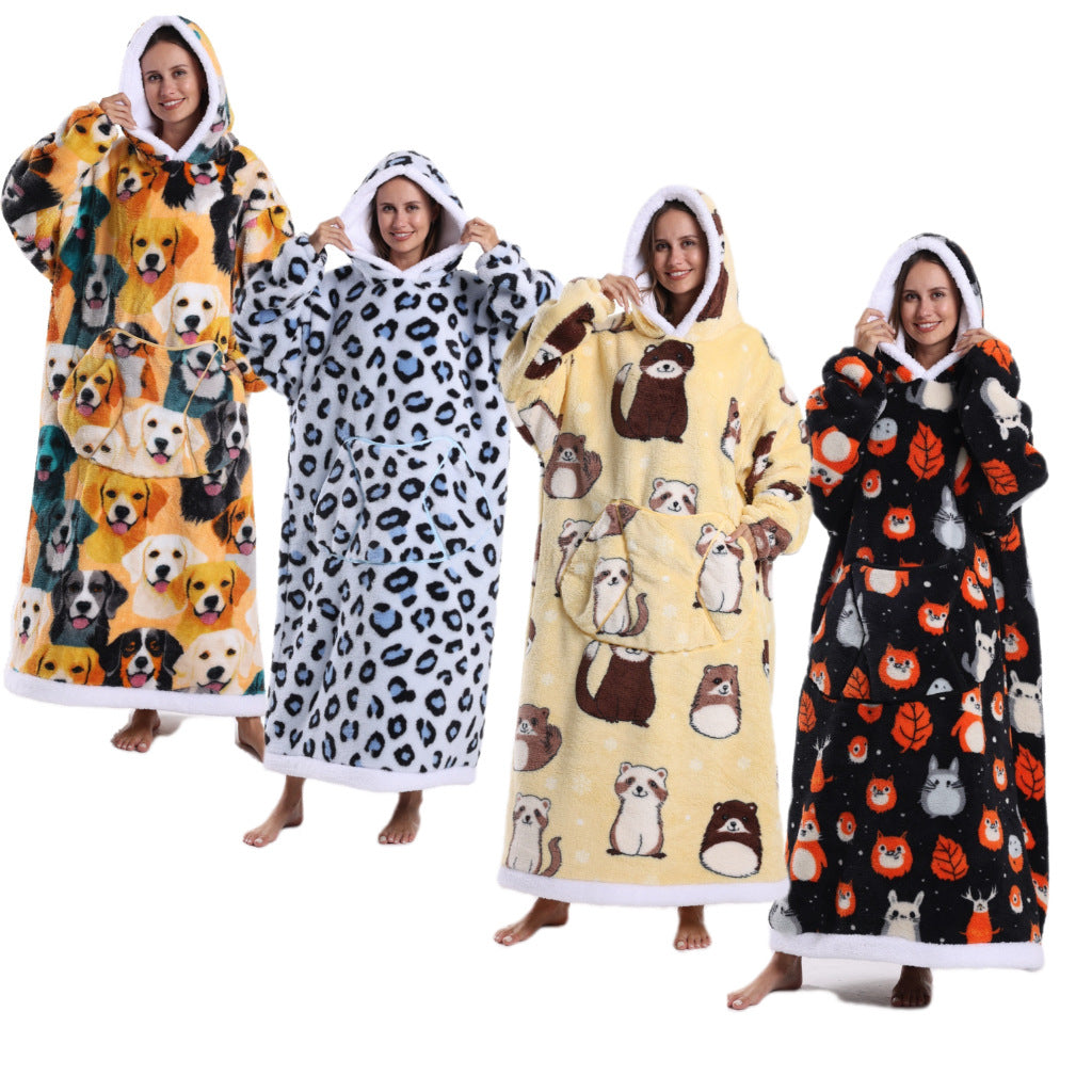 Four models wearing long hooded pullovers in dog, leopard, animal and pumpkin prints with plush hood trim