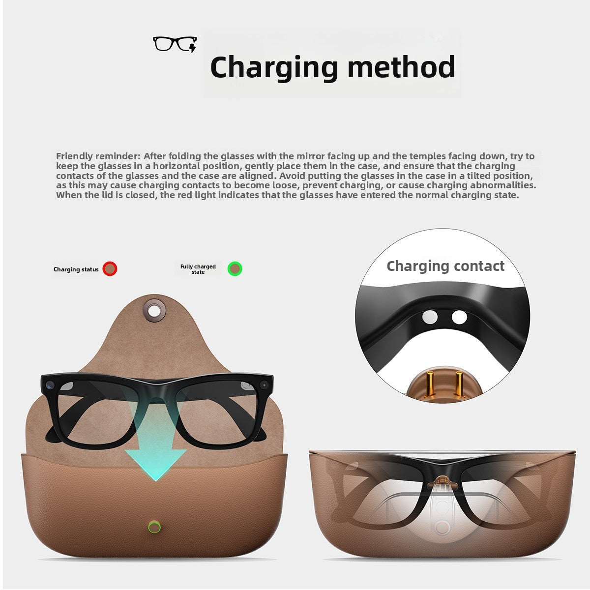 Charging method diagram showing MT5 smart glasses placed into the leather case with the charging contacts aligned