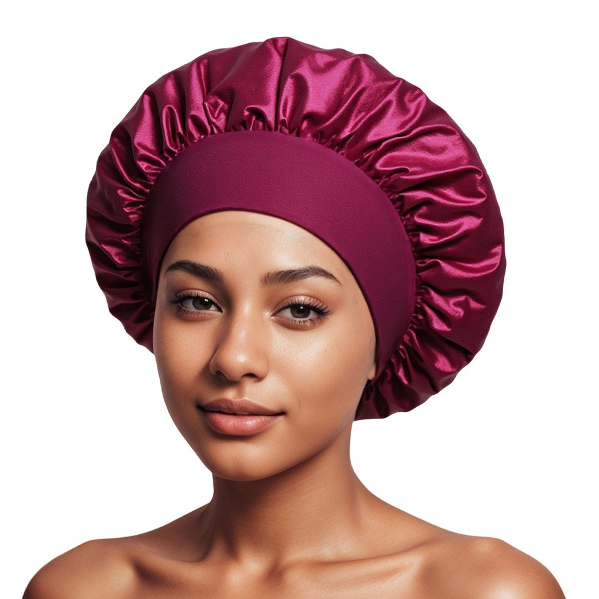 Woman wearing a burgundy satin bonnet with a ruffled crown and a wide matching elastic band