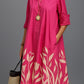 Rose Pink with Botanical hem polyester shirt collar long sleeve A-line midi dress on a standing model