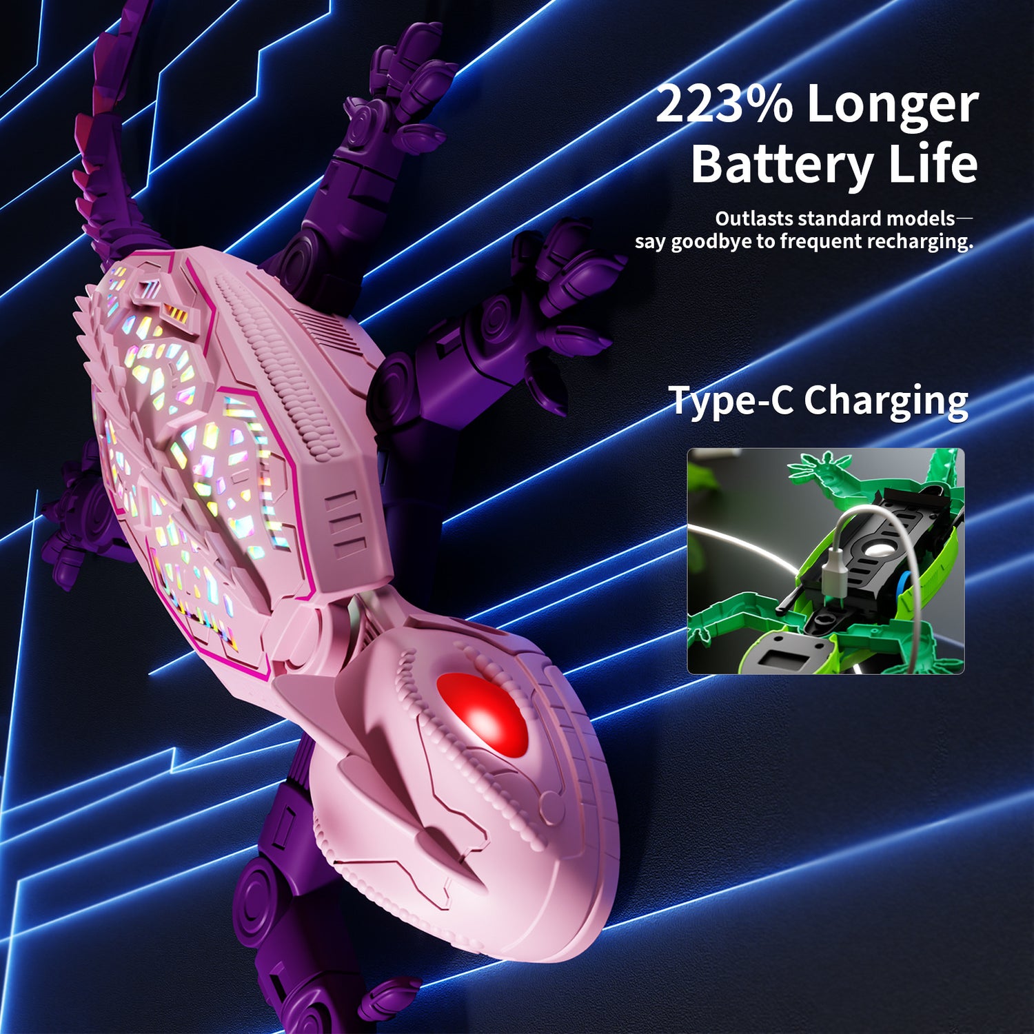 Pink robotic lizard toy with a lit back, shown with a Type-C charging cable plugged into a lizard