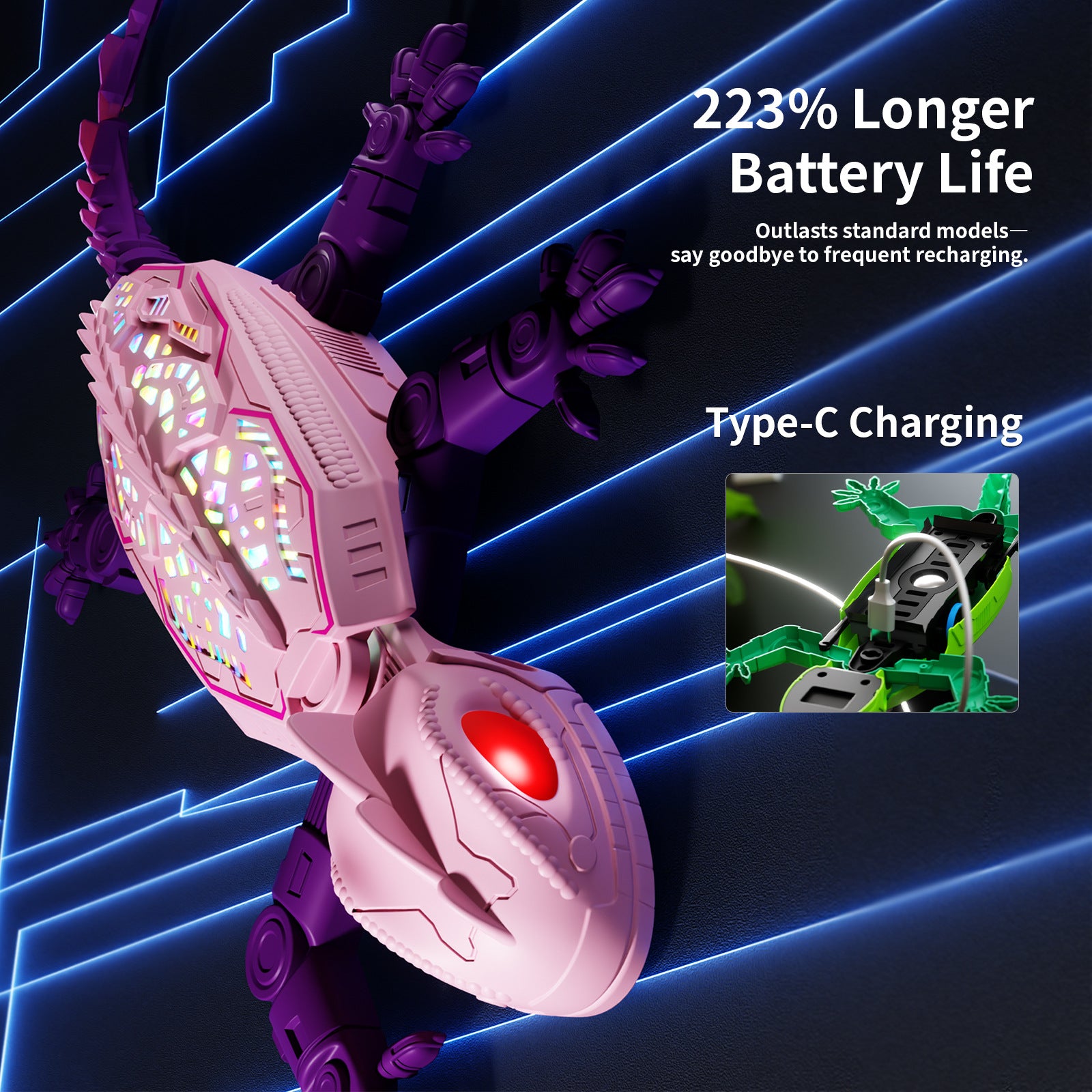 Pink robotic lizard toy with a lit back, shown with a Type-C charging cable plugged into a lizard