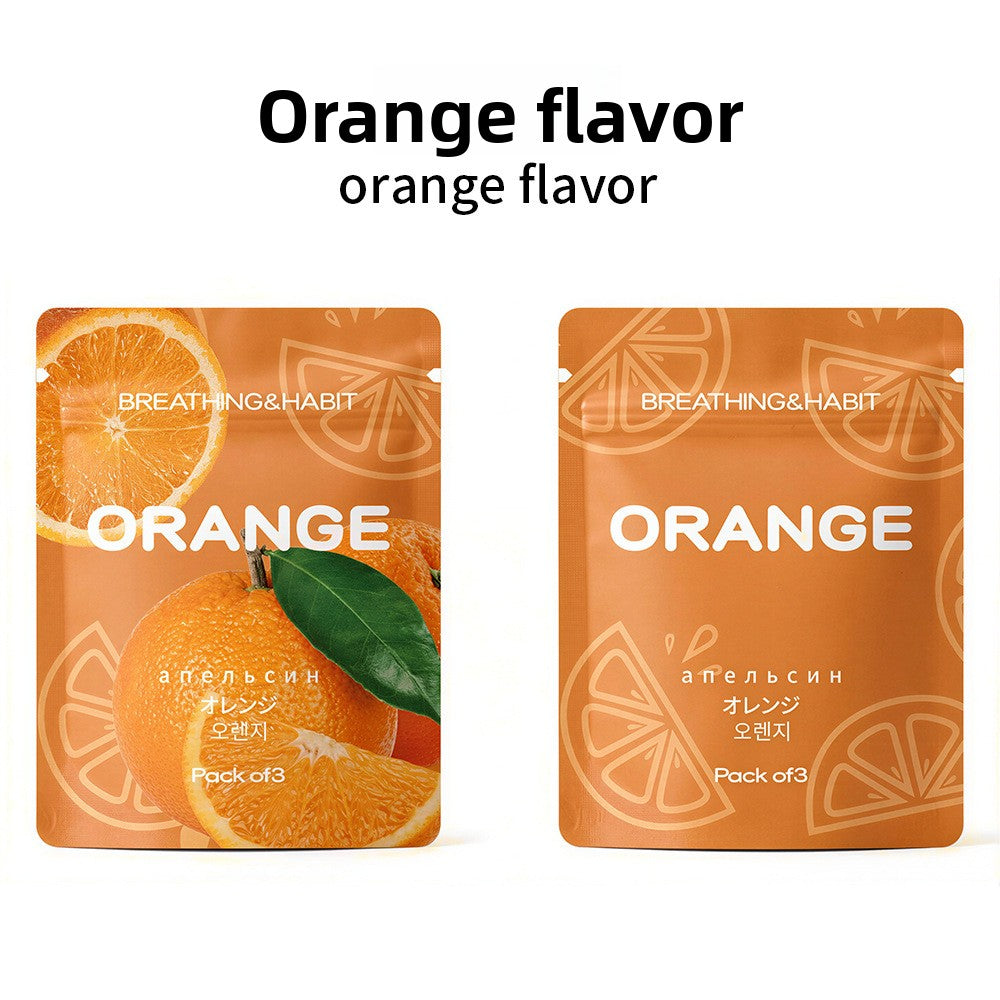 Orange scented cotton core sachets, front and back, Breathing and Habit branding, pack of three