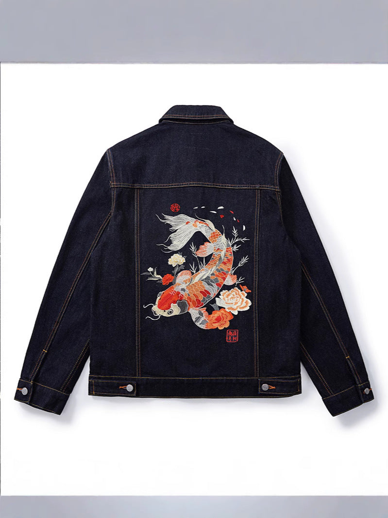 Retro loose denim jacket in primary blue with embroidery, front view