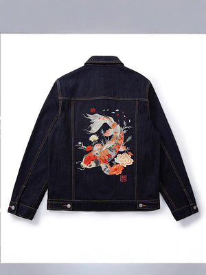 Retro loose denim jacket in primary blue with embroidery, front view