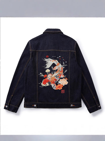 Retro loose denim jacket in primary blue with embroidery, front view