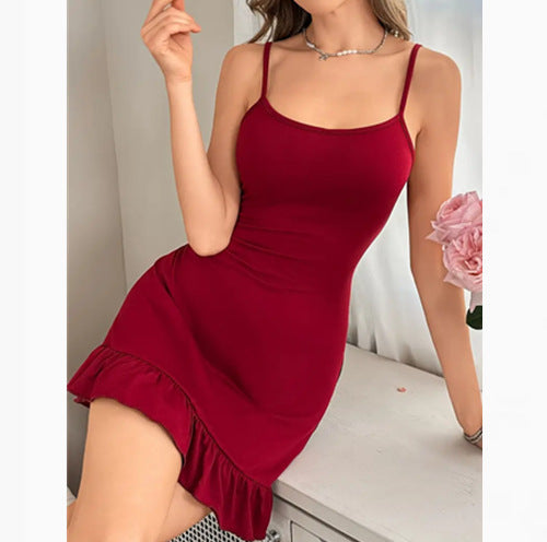 Red heart mesh camisole nightgown front view on a woman, thin adjustable straps and mini ruffle hem