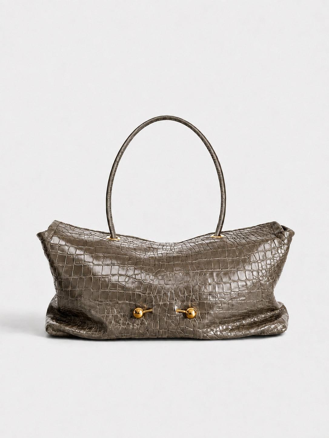 Taupe gray croc embossed shoulder bag with gold ball studs, Stone pattern gray option