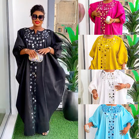 Womens Mirrored Applique Loose Kaftan Maxi Dress with Split Front