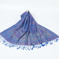 Royal blue paisley shawl with a purple and gold border and blue tassels spread on a white background