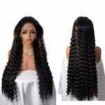 Black long deep wave lace front wig shown from the front and the back on a mannequin head