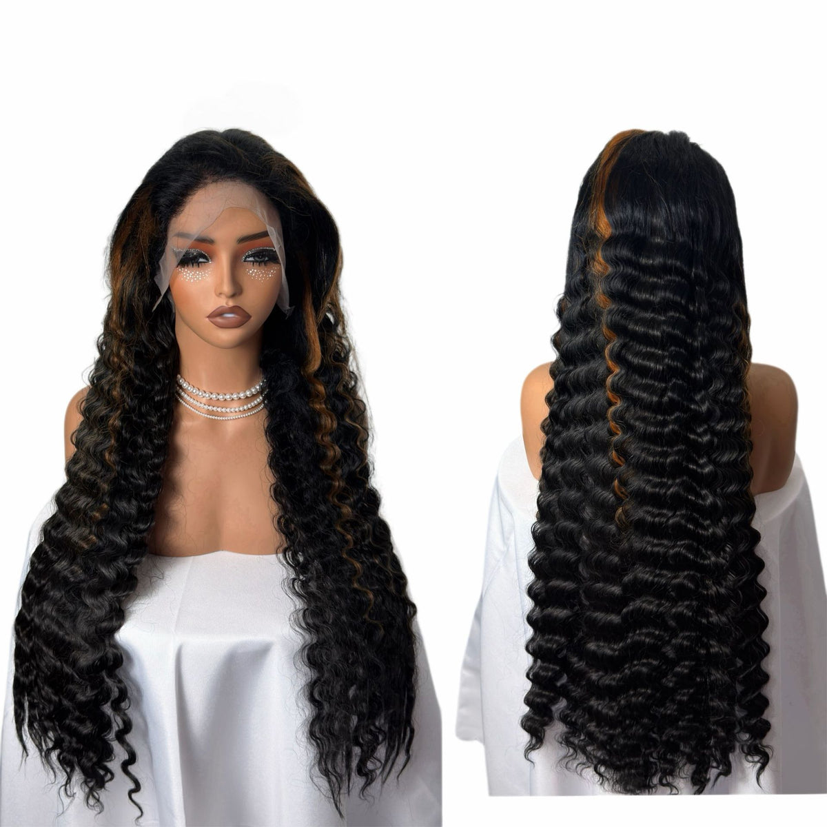 Black long deep wave lace front wig shown from the front and the back on a mannequin head