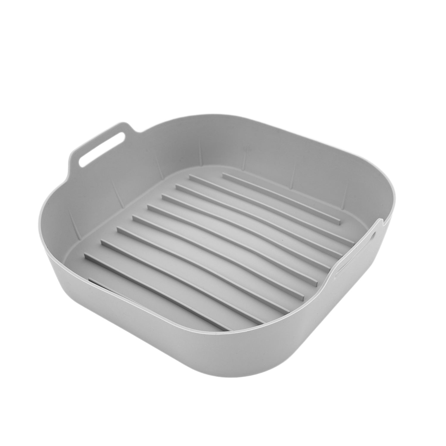 Gray large square silicone air fryer liner tray with a ridged base and two cut out lift tabs