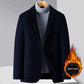 Navy blue wool blend suit jacket shoulder and collar construction close up