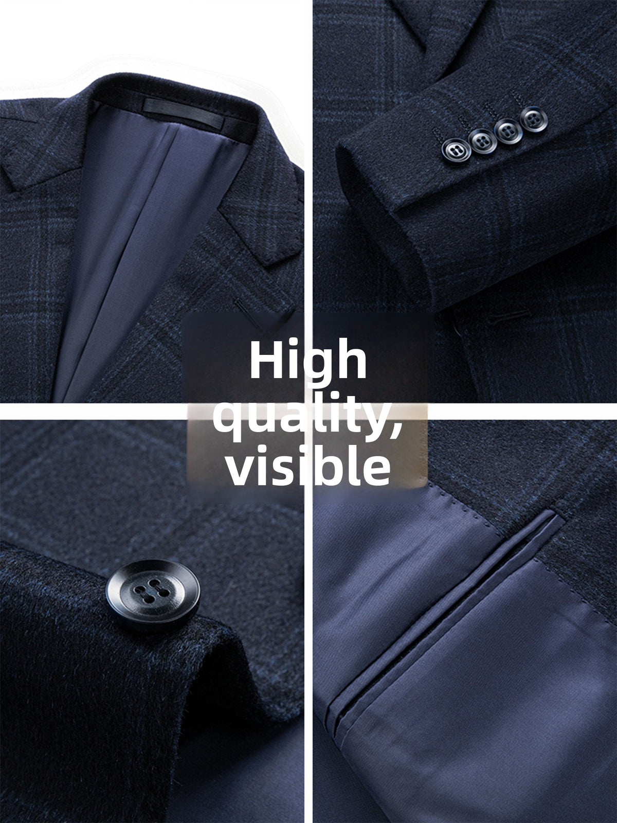 Men's navy check wool blend single breasted blazer the blazer on a hanger in a warm room