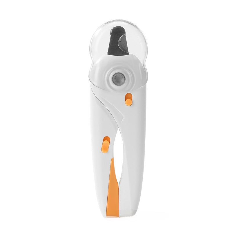 White and orange round head pet nail clipper with clear dome cover and grinding wheel