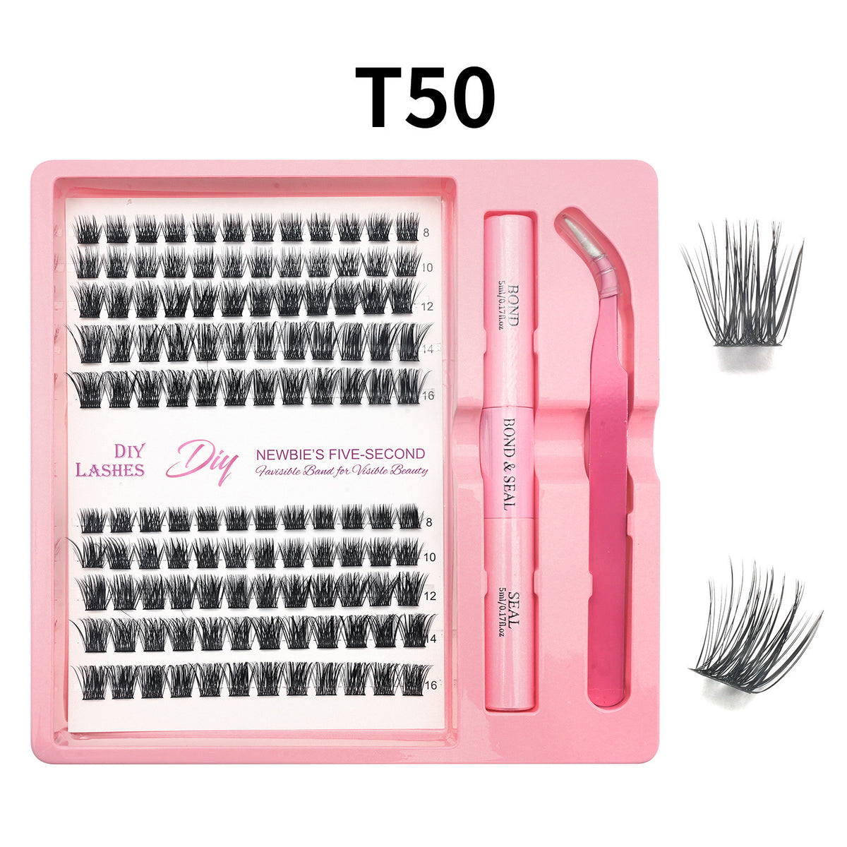 Lash cluster style T50 in a 10 row tray with dual-ended glue pen, tweezers and a close-up of the cluster shape