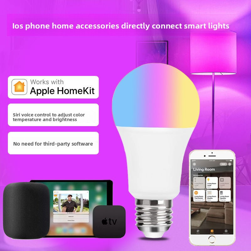 White smart LED bulb lit in colour in a living room with an app scene shown on a phone