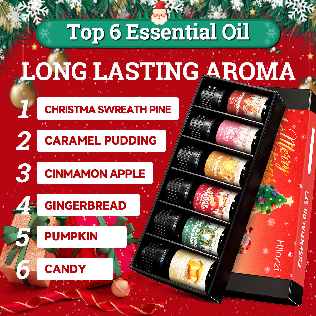 Christmas essential oil gift set of six 10ml bottles arranged in the open box