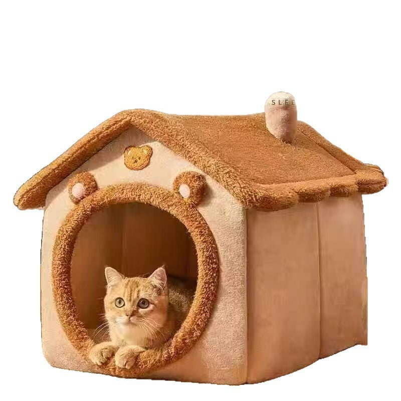 Brown bear style semi-enclosed pet house with a cat looking out