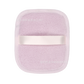 Back of a lilac reusable makeup remover pad showing the satin hand strap