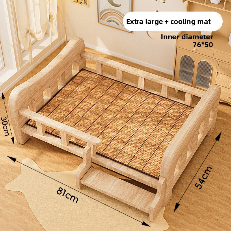 Extra Large solid wood pet bed with a woven summer mat, outer 81 x 54 x 30 cm