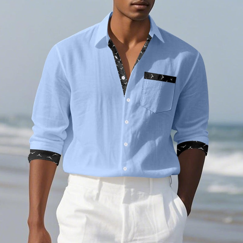 Light Blue with printed contrast trim mens long sleeve linen look button up shirt