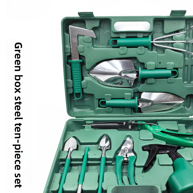 Ten piece stainless steel gardening tool set with green grips in a green plastic case
