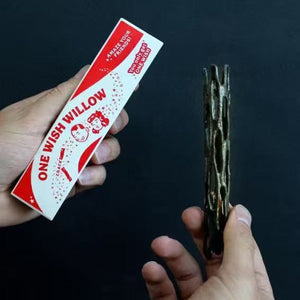 Hand holding the red and white One Wish Willow box beside the dark twisted wand