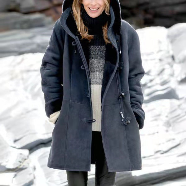 Women's hooded suede toggle coat with white plush lining in Slate Blue