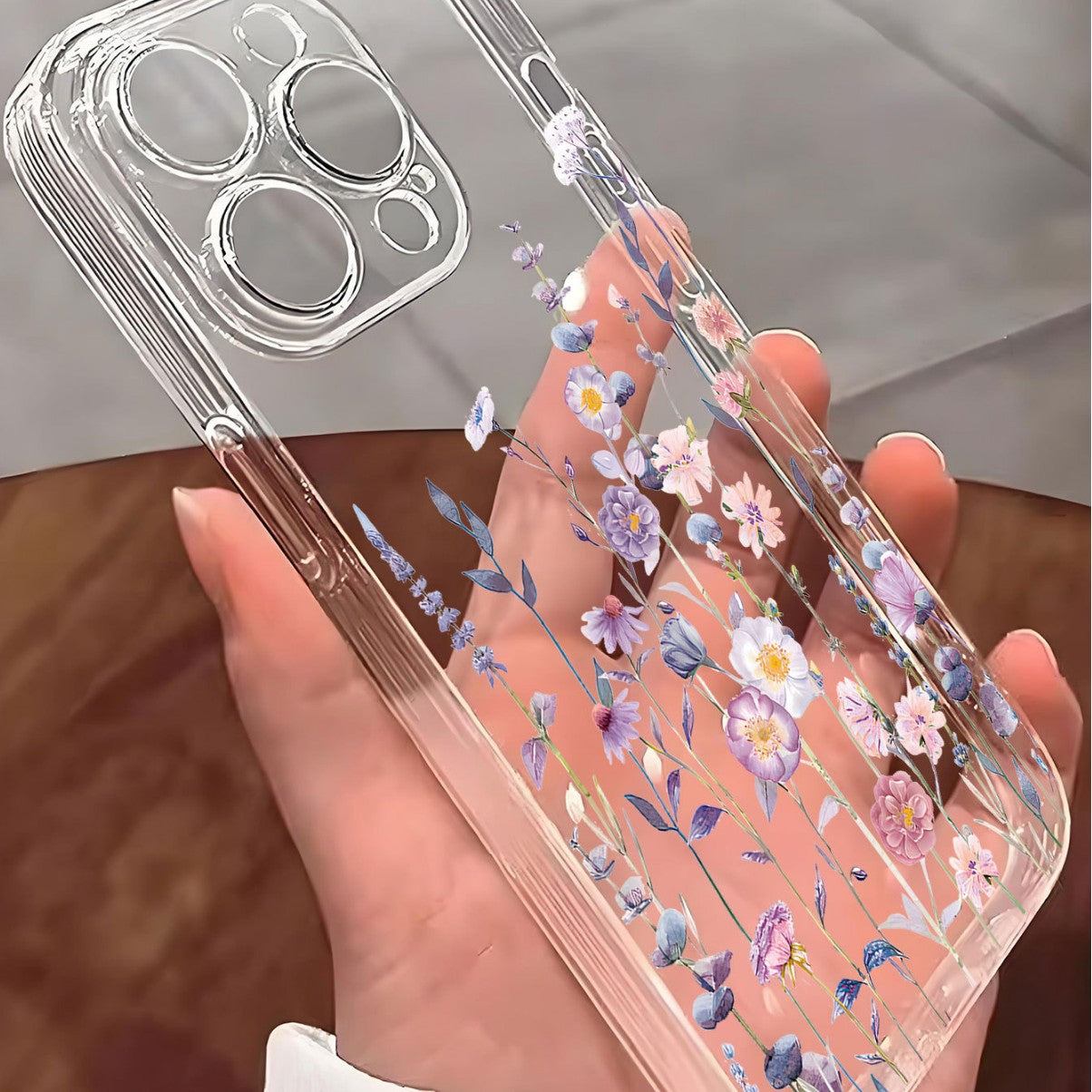 Transparent TPU case printed with lavender and cosmos wildflowers